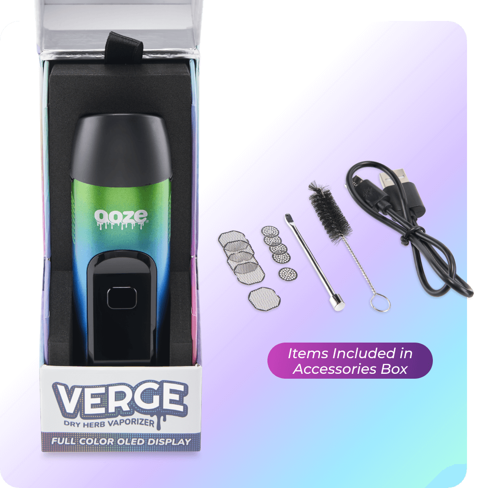 Product box of Rainbow Verge cannabis vape with accessories that come with it
