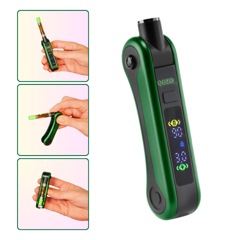 The green Ooze Hinge battery shown without a cartridge, and hands holding the device in three frames to show the cartridge positions