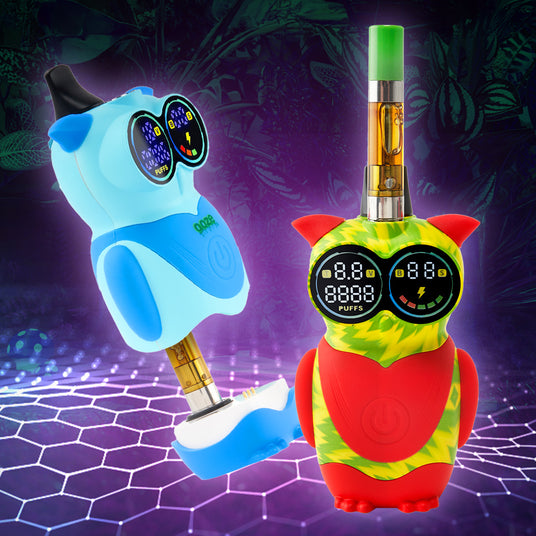 A blue Hoot is showing cart connected to inside 510 thread, rasta Hoot is showing cart connected to top