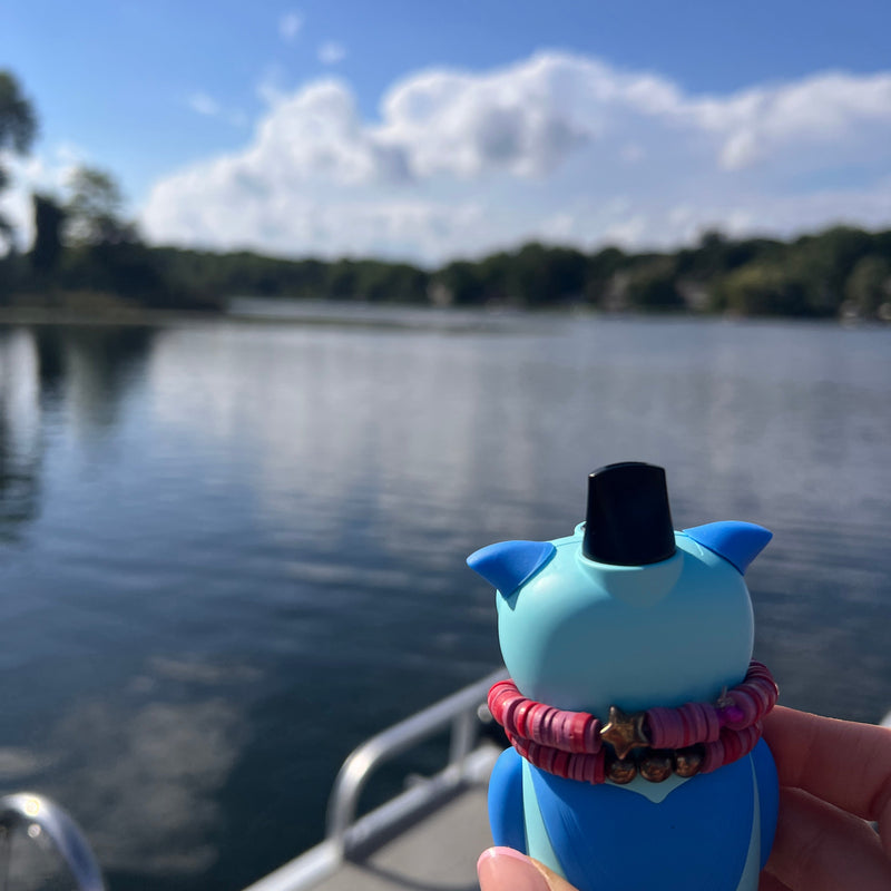 Person holding a blue Hoot battery, looking out onto a lake