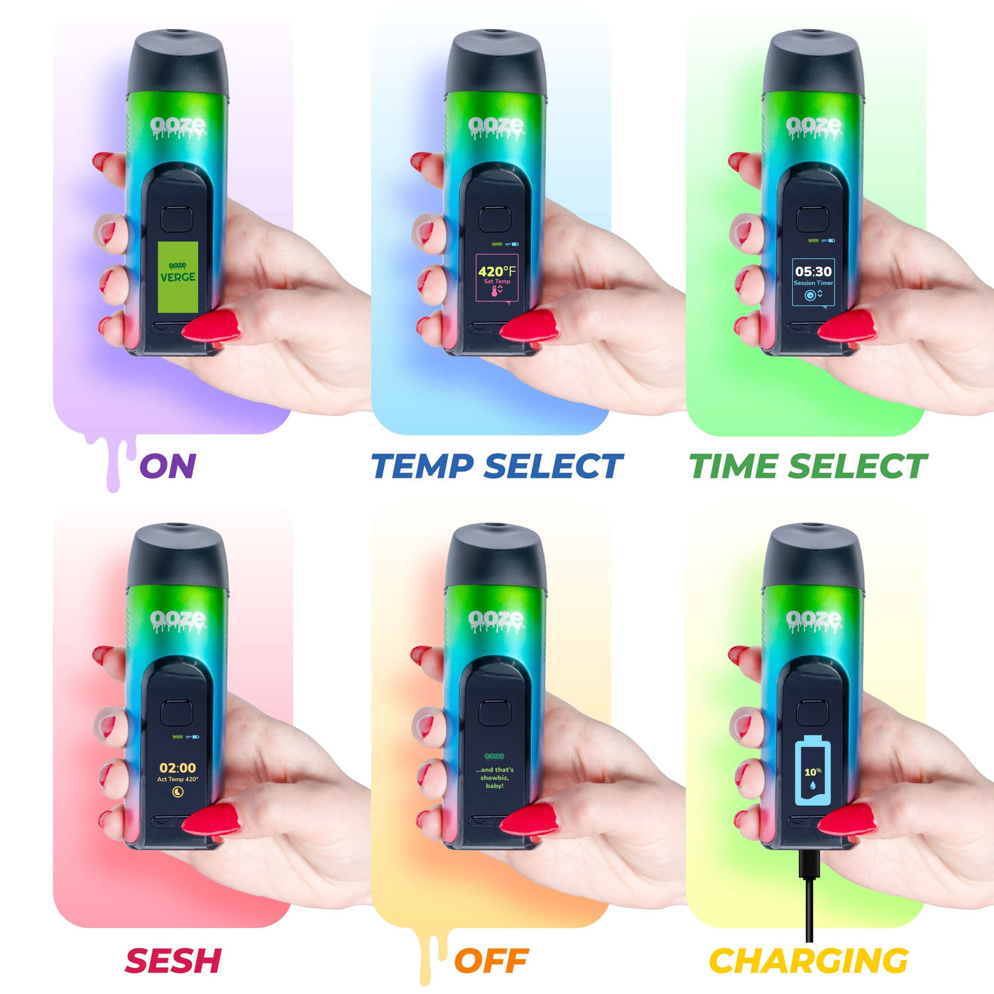 Different views of the Rainbow Verge cannabis vape in different modes