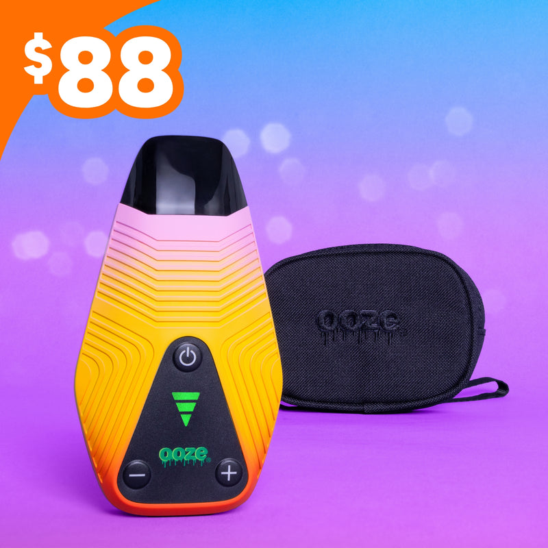 Sunshine Brink dry herb device with a black carrying case on a colorful background