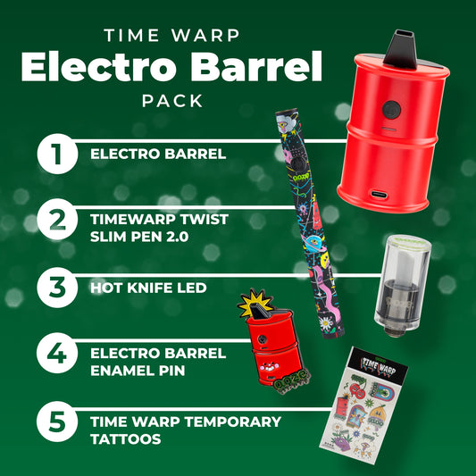 A list showing what's included in the Time Warp Electro Barrel Pack: 1. Electro Barrel 2. Time Warp TSP 2.0 3. Hot Knife LED 4. Electro Barrel Pin 5. Time Warp Tattoos