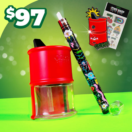 The Time Warp Electro Barrel Pack graphic shows a red electro barrel, time warp TSP 2.0 with a hot knife, a pin and temporary tattoo sheet with $97 in the corner