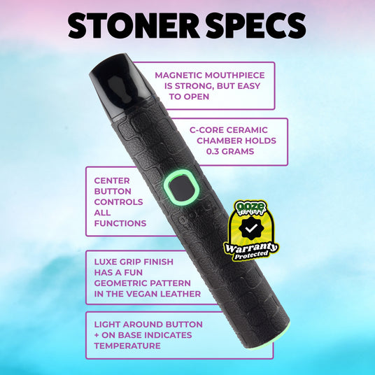 Black Pinch vape pen with features listed on a colorful background