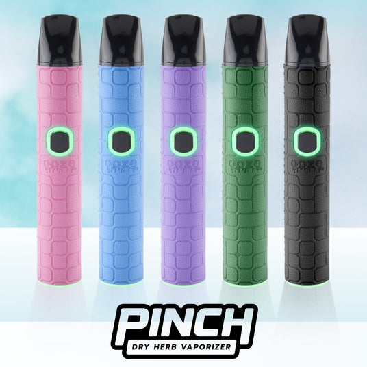 Five PINCH dry herb vaporizers in different colors with a gradient background.