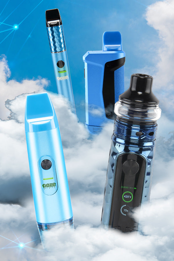 Four blue C-Core extract vapes (Beacon, Duplex 2, Booster, Titan) in the clouds