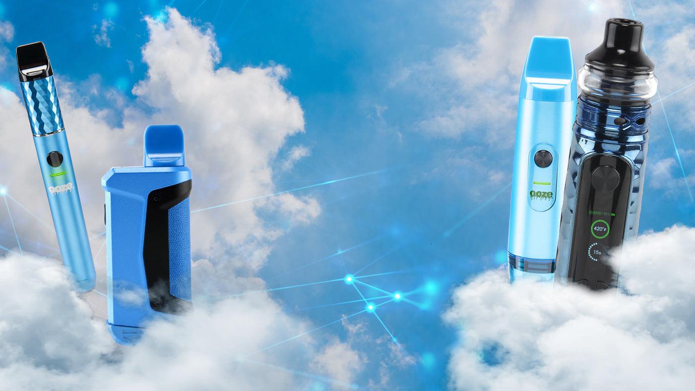 Four blue C-Core extract vapes (Beacon, Duplex 2, Booster, Titan) in the clouds