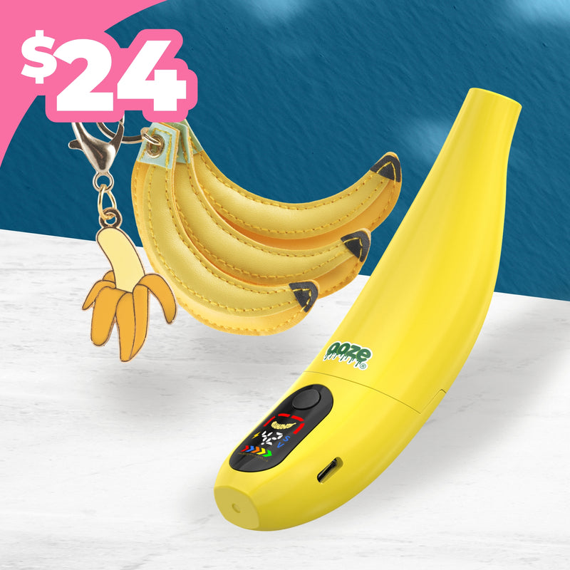 Banana-shaped product with keychain on a blue and white background