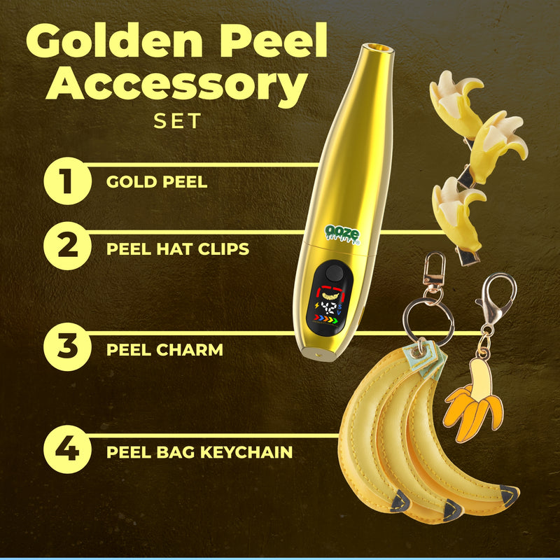 Golden peel accessory set with gold peel, hat clips, charm, and keychain on a brown background