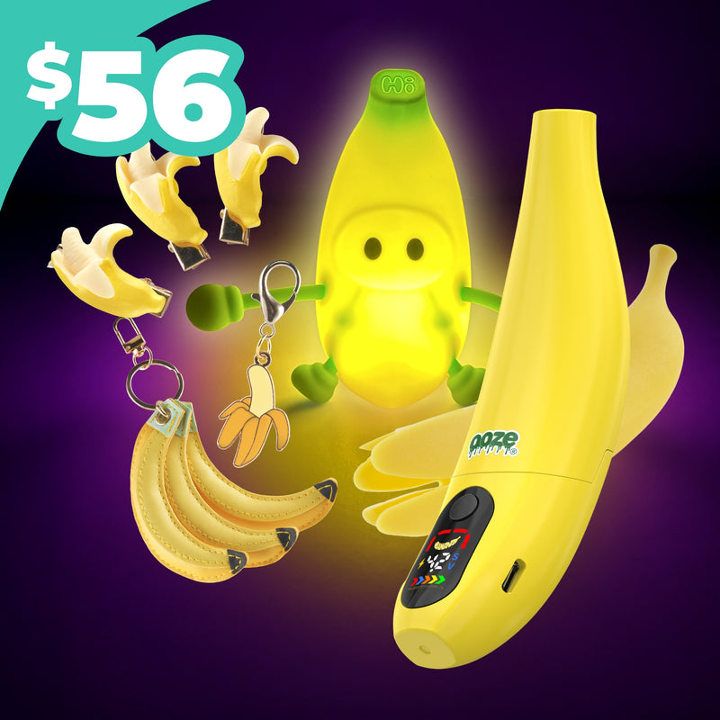 Banana-themed product set including a banana-shaped device, keychain, and figurine on a purple background with a price tag of $56.