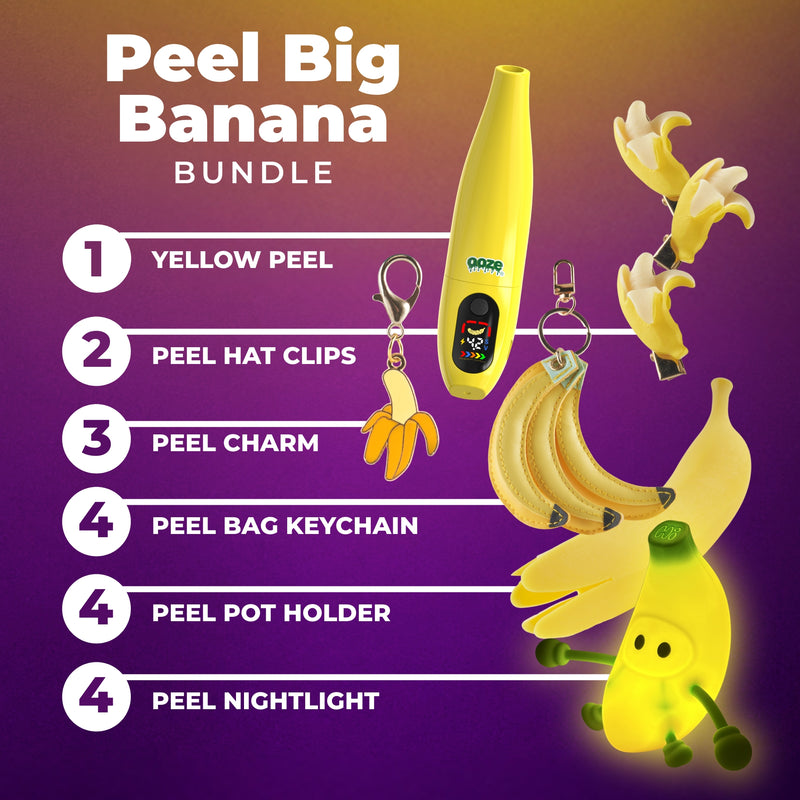 Promotional graphic for 'Peel Big Banana Bundle' with various banana-themed products on a purple background.