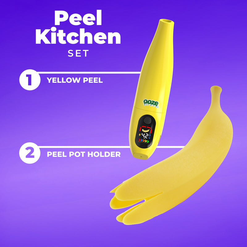 Yellow peel kitchen set with a digital thermometer on a purple background