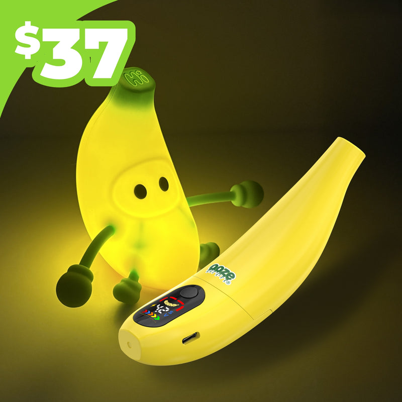 Toy banana with a face and USB port on a dark background, priced at $37.