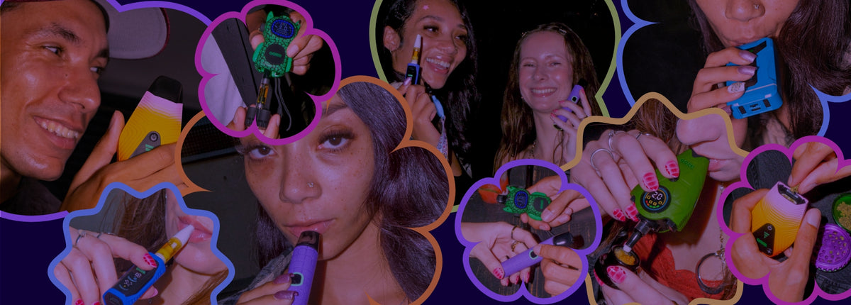 A collage of photos of friends smiling and using a variety of colorful Ooze devices, all in colorful flower-shaped frames