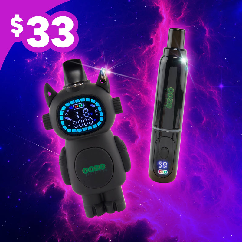 Two black Ooze 510 devices on a cosmic purple and pink background with a price tag of $33.
