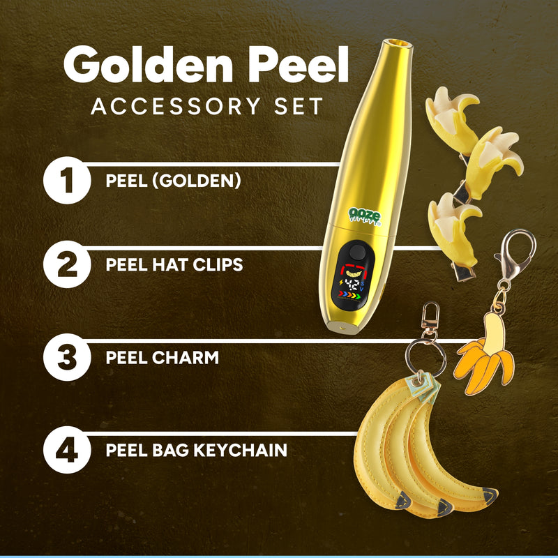 Golden Peel accessory set with peel, hat clips, charm, and keychain on a brown background