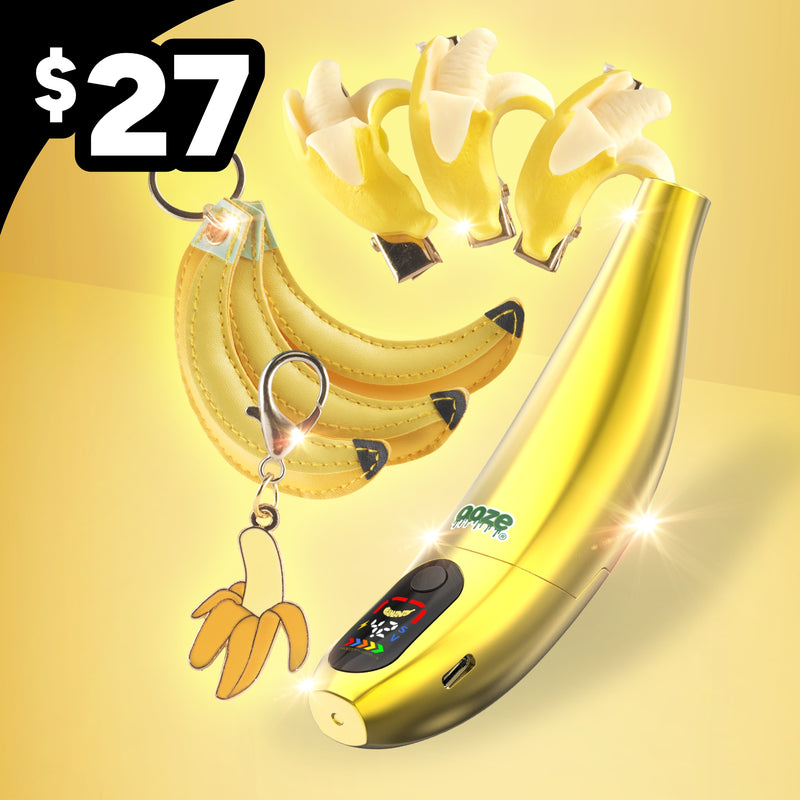 Gold Peel banana battery with a banana keychain, clips, and charm for $27 on a yellow background