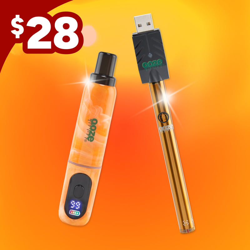Two orange Ooze vaping devices on an orange and yellow gradient background with a price tag of $28.