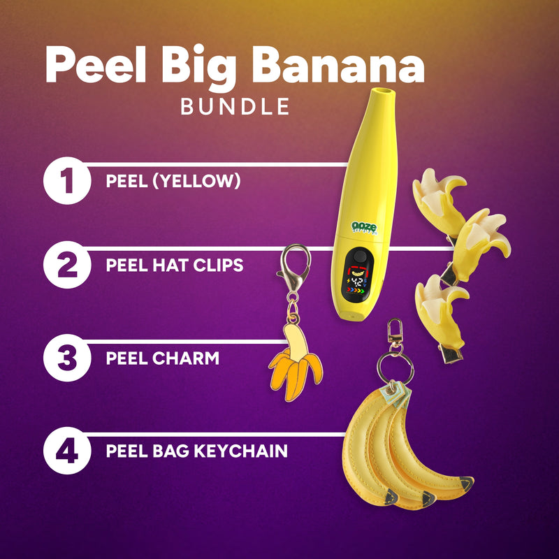 Promotional graphic of 'Peel Big Banana' bundle with product and accessories on a purple background