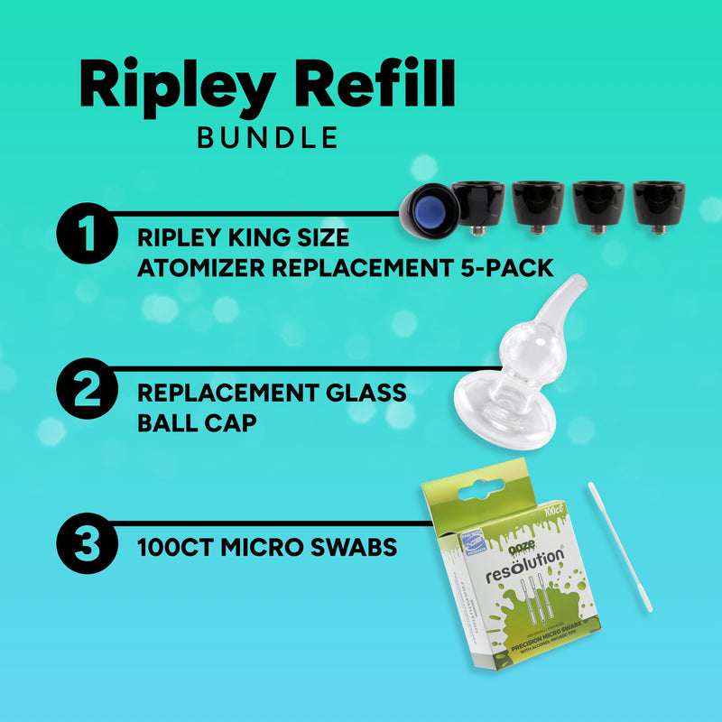 Ripley Refill Bundle with atomizer replacement, glass ball cap, and micro swabs on a teal background