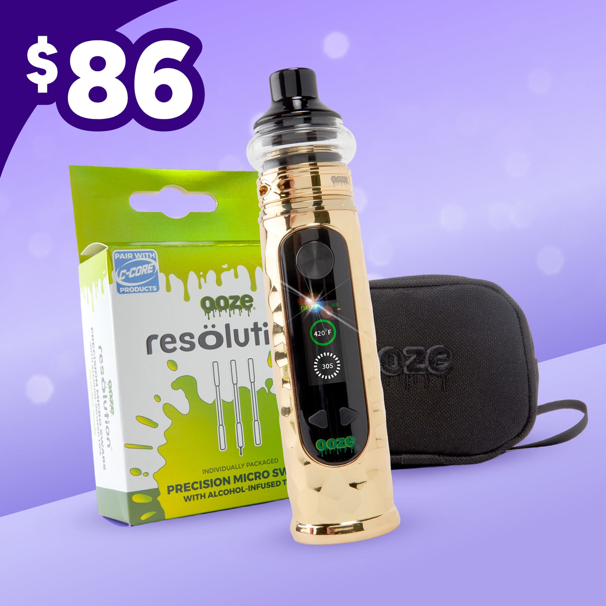 Gold TItan extract mod, 100ct micro swabs and black wristlet on a purple background with $86 price tag