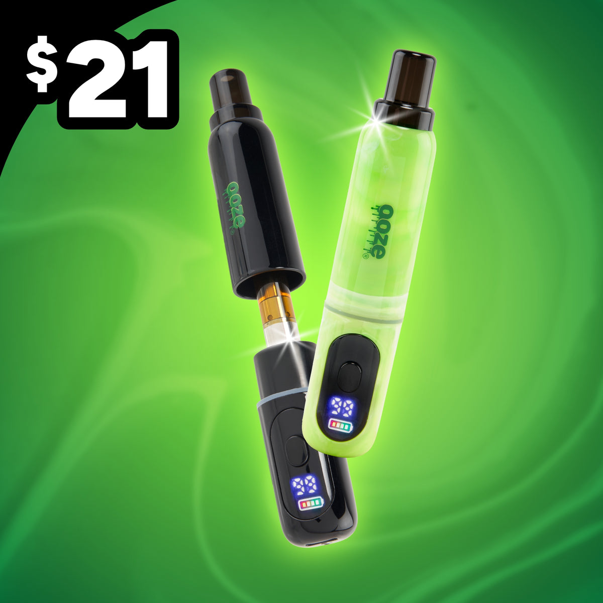 Green and black Ooze Hivo batteries on a green background with $21 price tag