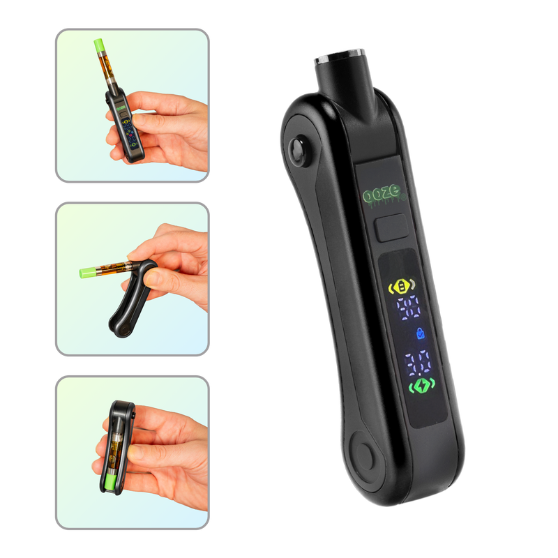 The black Ooze Hinge battery shown without a cartridge, and hands holding the device in three frames to show the cartridge positions