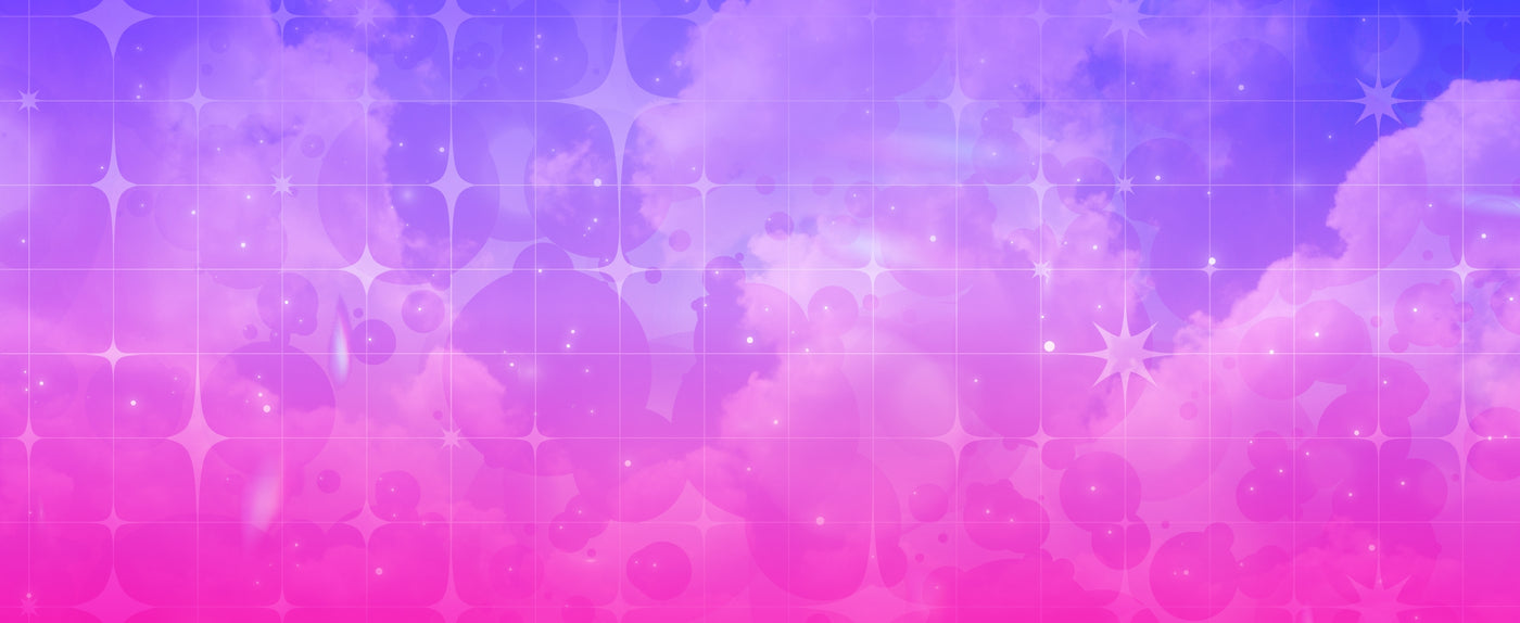Gradient background with purple and pink hues, star-like shapes, and cloud textures.
