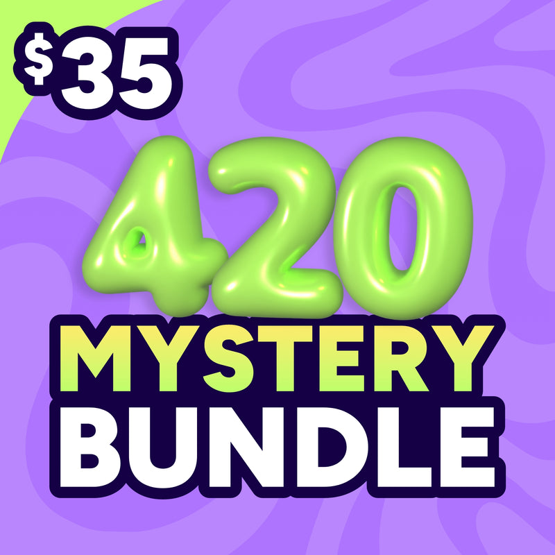$35 Mystery Bundle graphic with green bubble font and a purple background