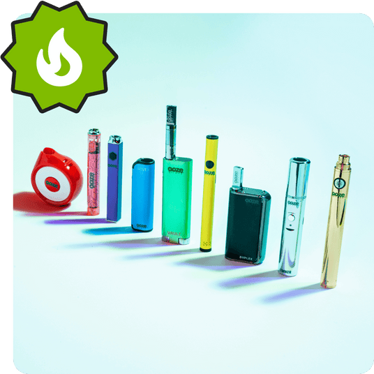 A line up of 9 different Ooze 510 vape batteries for carts
