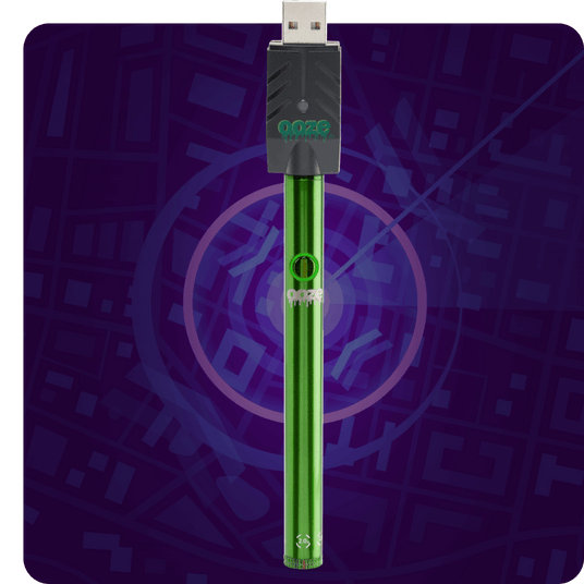 The hidden danger of counterfeit vapes. A slime green Ooze Twist Slim Pen 2.0 stands with a Smart Charger connected to the top in front of a dark purple cyber security background.