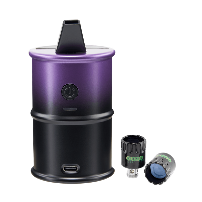 Galaxy Purple Electro Barrel e-rig shown next to two onyx atomizer coils
