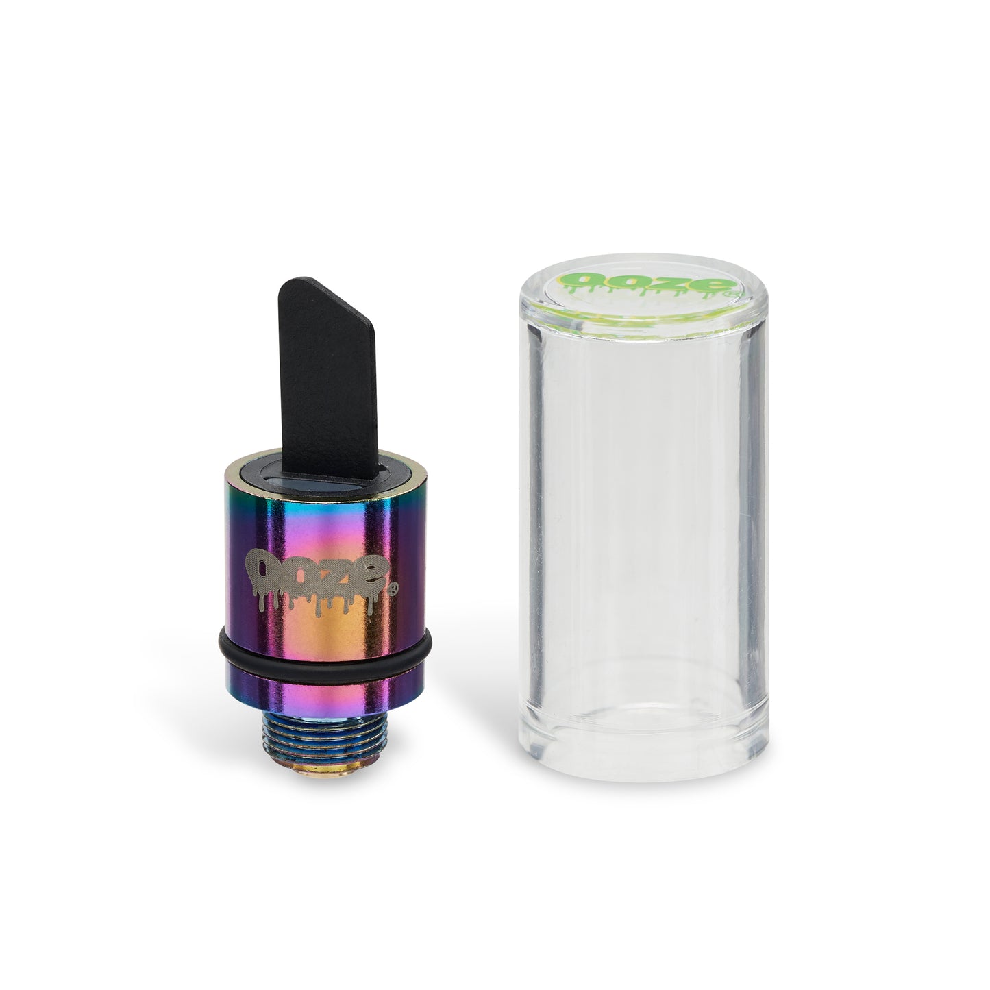 The rainbow Ooze Hot Knife stands upright next to the travel cap
