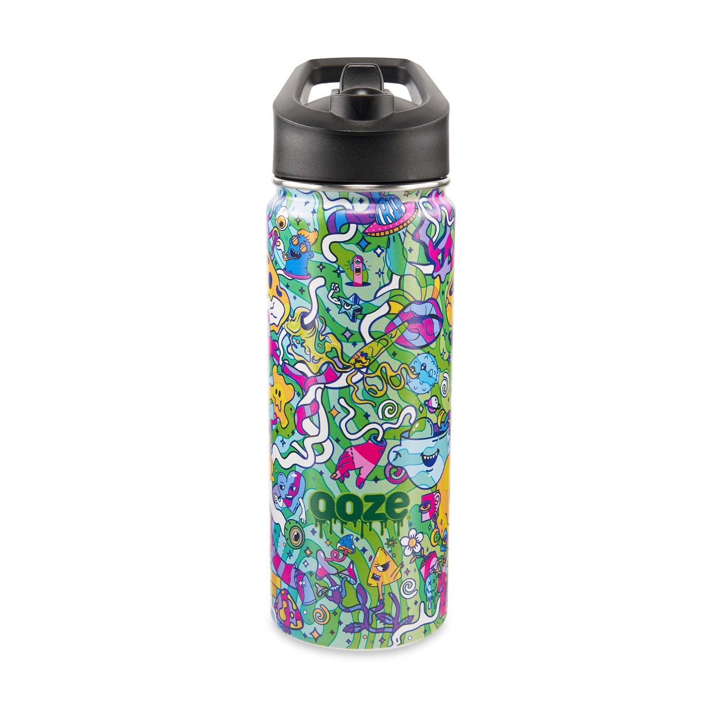 The Ooze Chroma water bottle is facing the camera straight-on with the lid closed. The Ooze logo on the bottle is facing the camera.