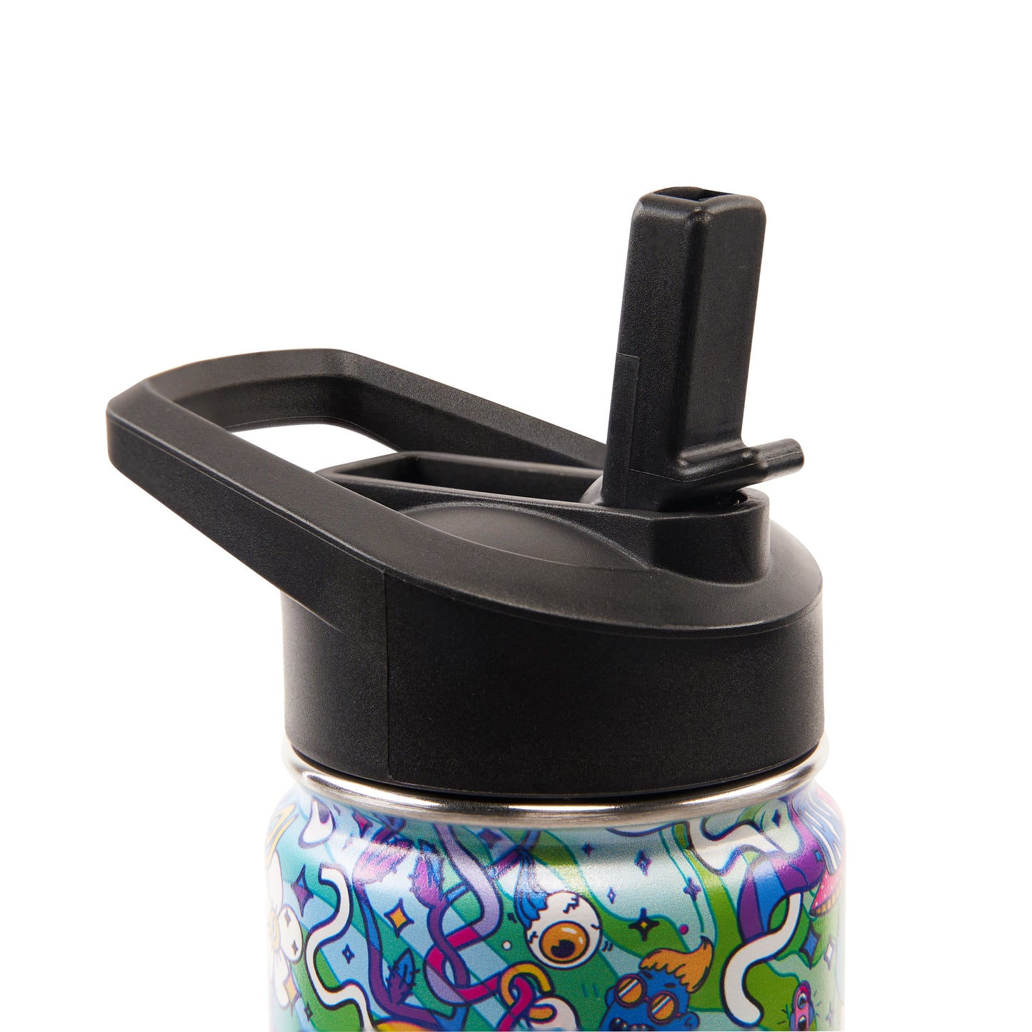 A close-up of the lid of the Ooze Chroma Water bottle. The lid is black and the flip cap is open with the straw pointed towards the ceiling.