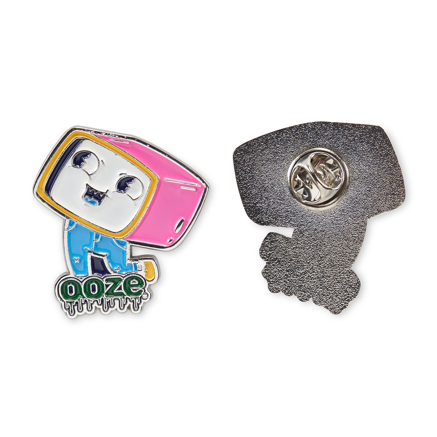 The front and back or the Ooze TV Head enamel pin. The front is colorful and the back is chrome with 1 metal backing.