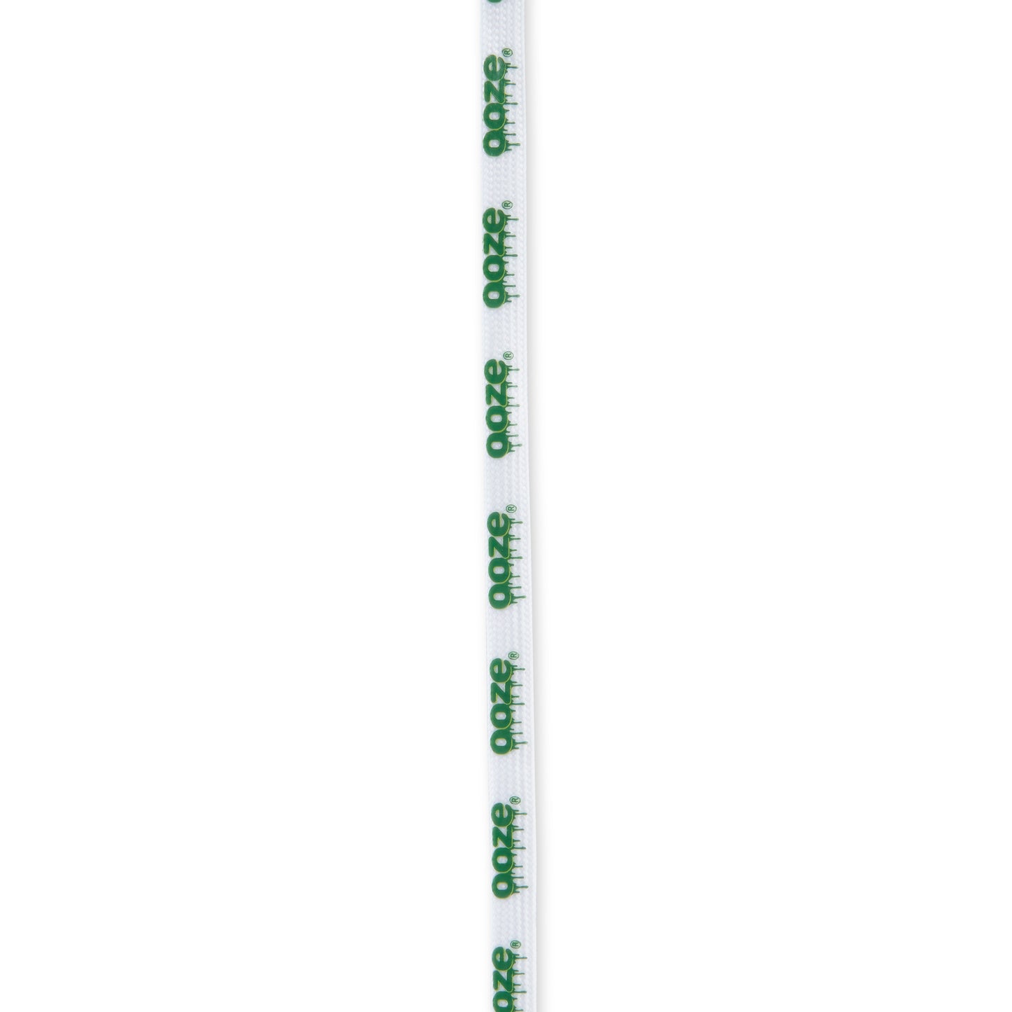 A white Ooze shoelace is stretched out against a white background.