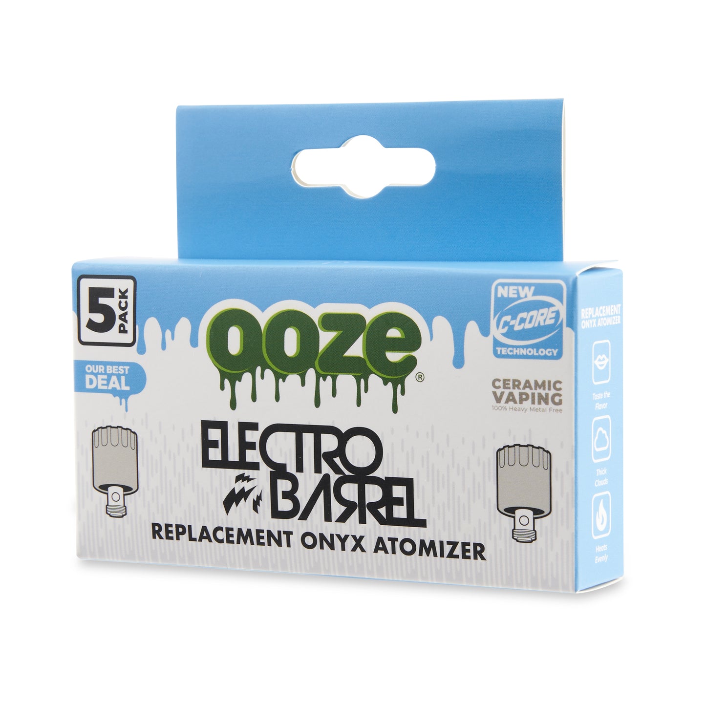 The box for the 5-pack of Ooze Onyx atomizers is at a slight angle