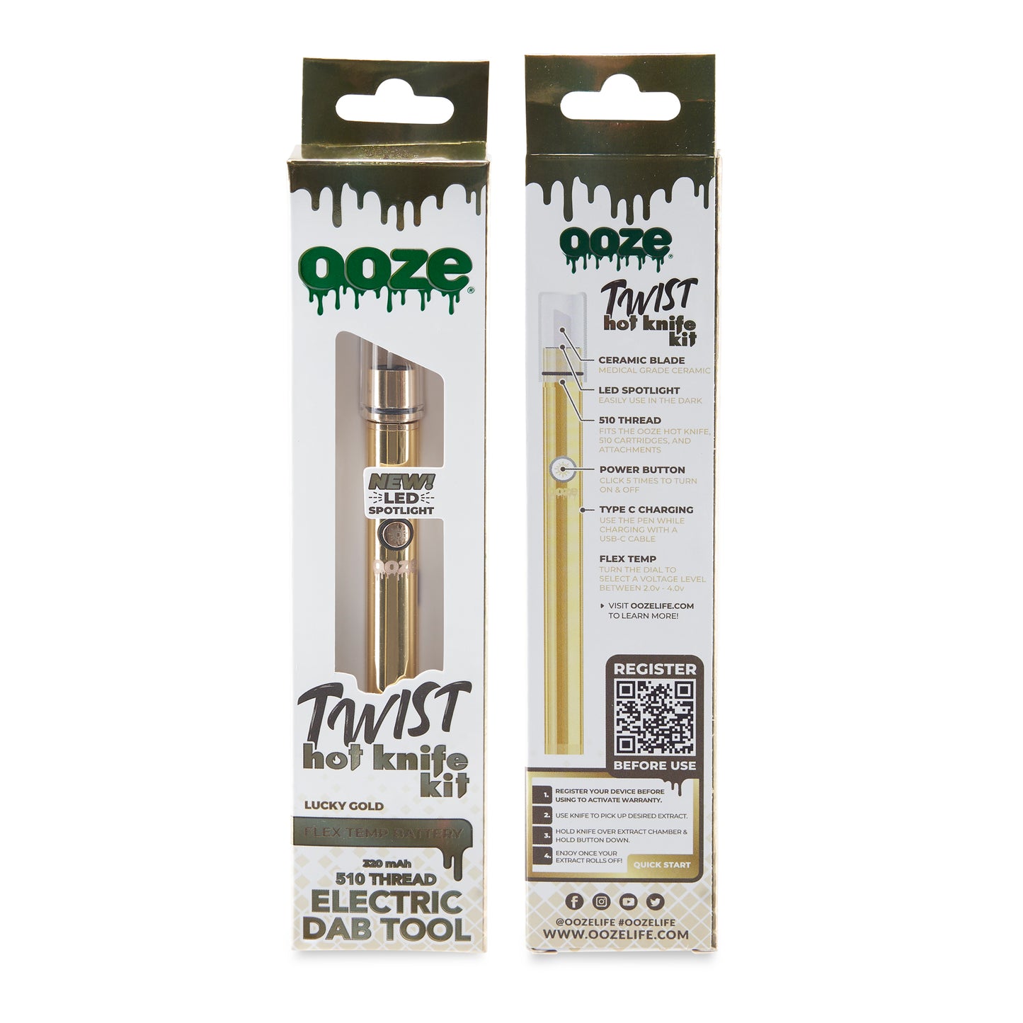 The front and back of the packaging for the lucky gold Ooze Twist Hot Knife 2.0