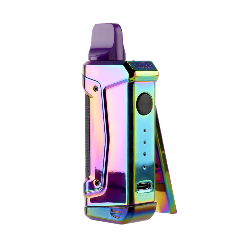 Angled view of the rainbow Ooze Duplex 2 vaporizer with the front plate to the side to show the button
