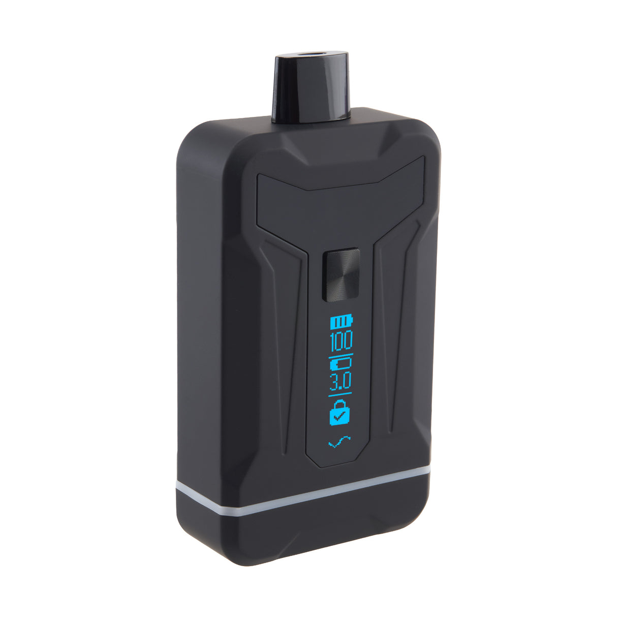 Angled view of Duet Black double cartridge vape with screen turned on