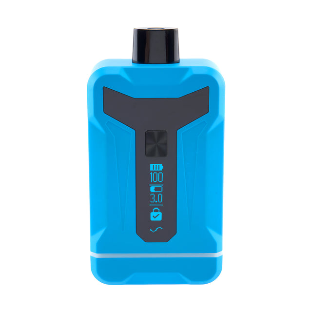 Front shot of Duet Blue double cartridge vape with screen on