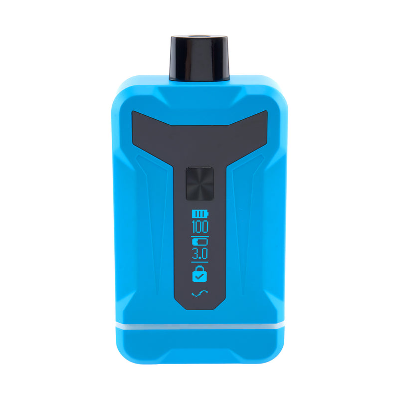 Front shot of Duet Blue double cartridge vape with screen on