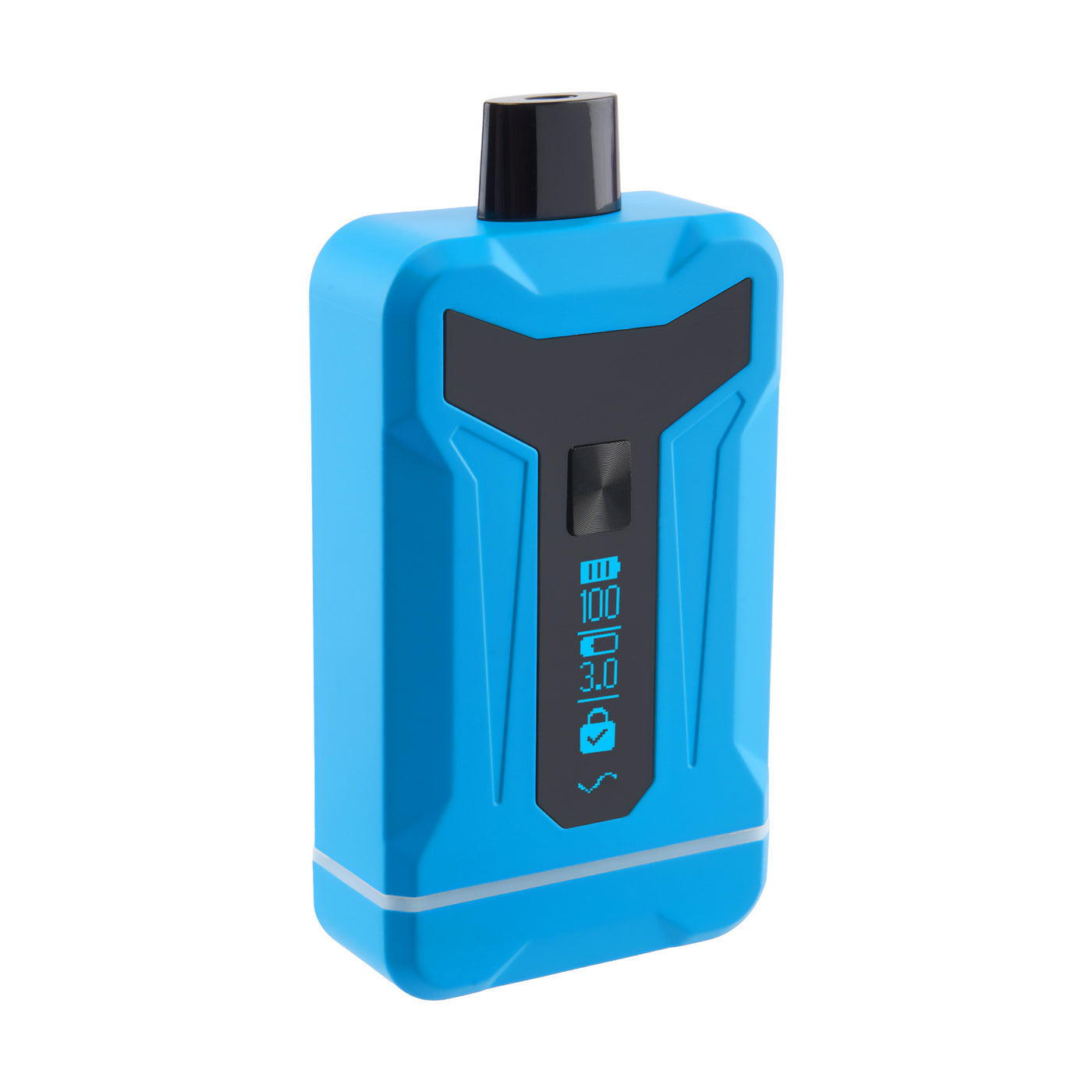 Side view of Duet Blue double cartridge vape with screen turned on