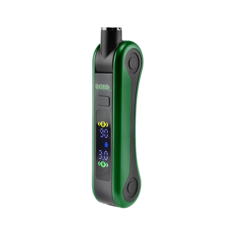 Angled view of green Hinge vape battery with digital screen turned on and 510 thread in use position