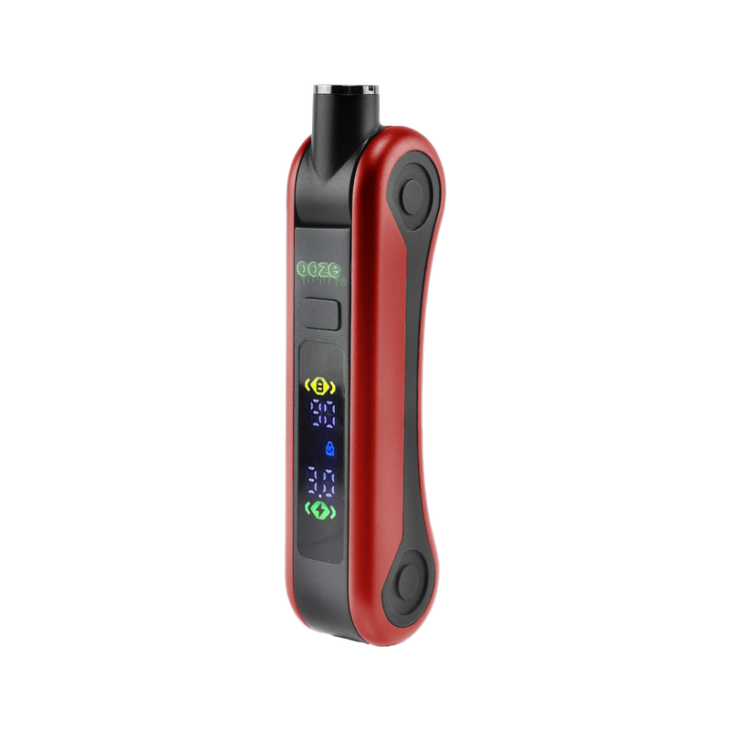 Angled view of red Hinge vape battery with digital screen turned on, 510 in use position