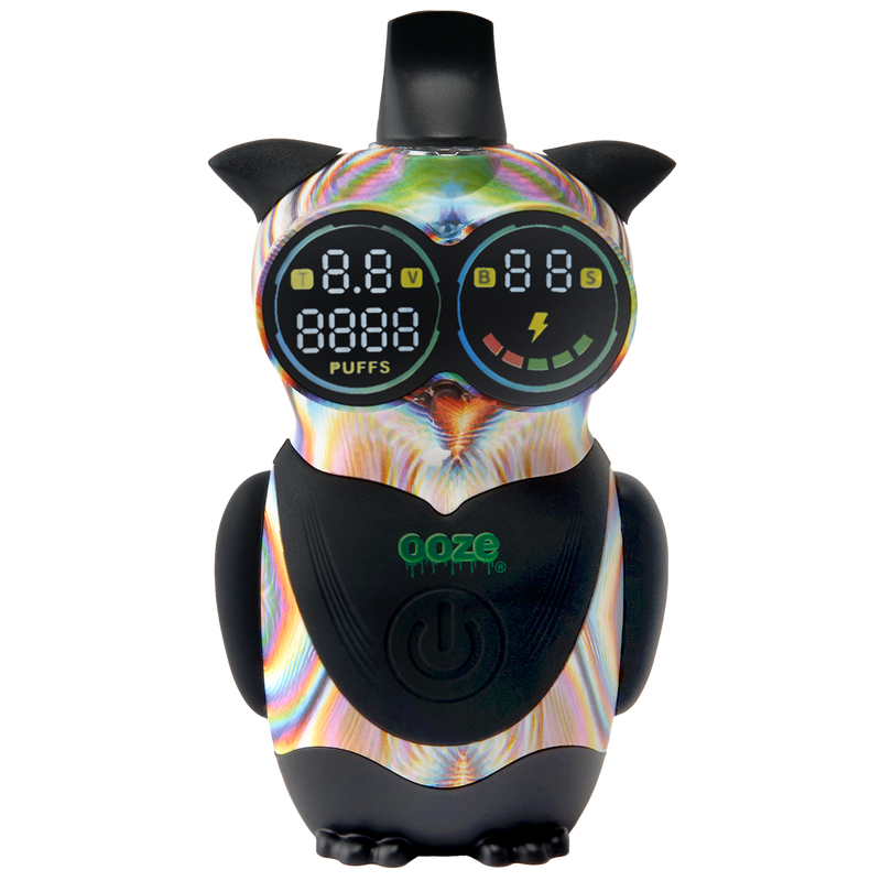 Glitch Hoot owl vape battery with screens turned on against white background