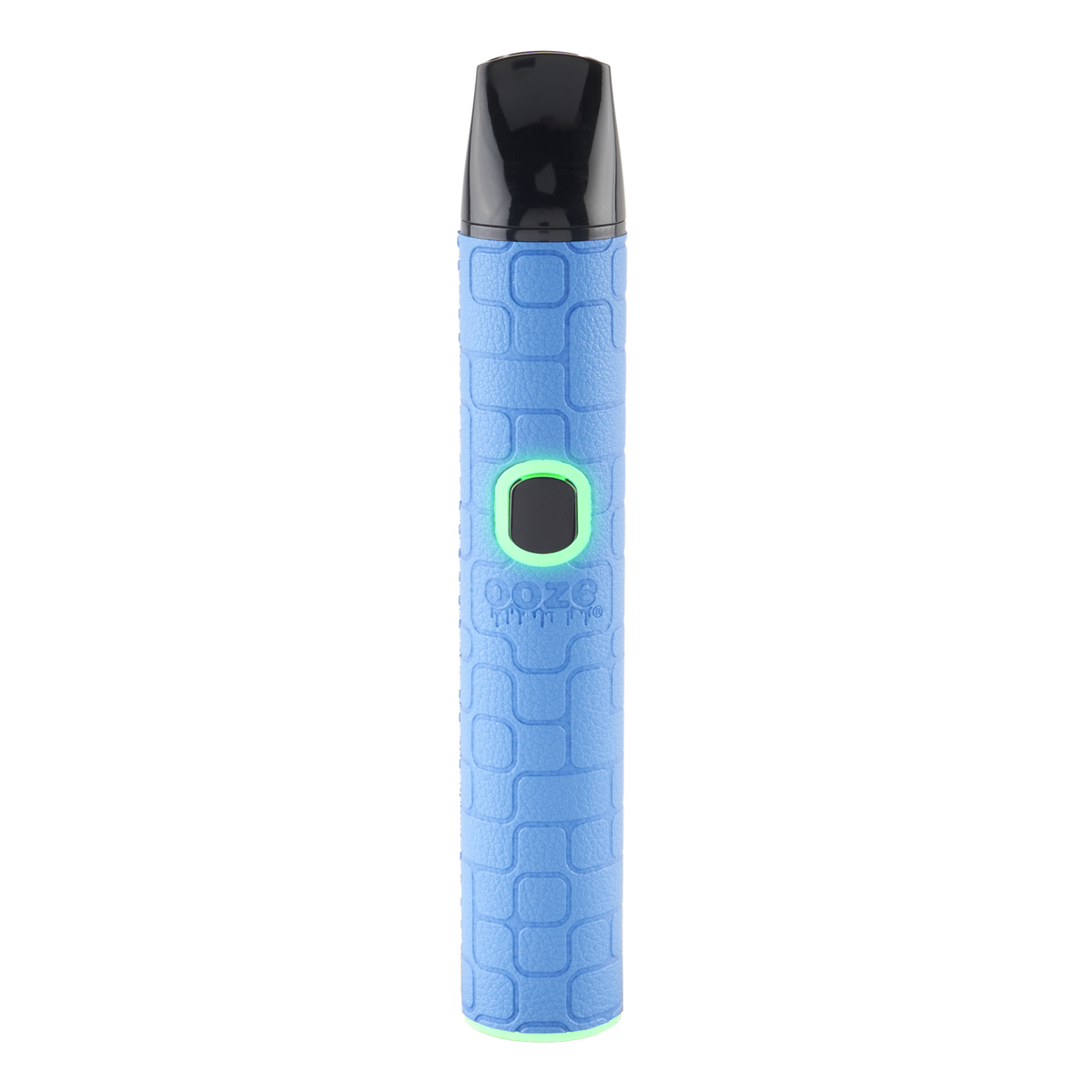A blue textured Pinch dry herb vape pen with the light turned on