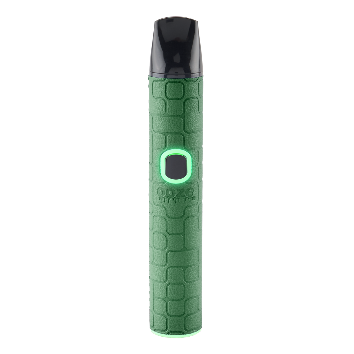 A green textured Pinch dry herb vape pen with the light turned on